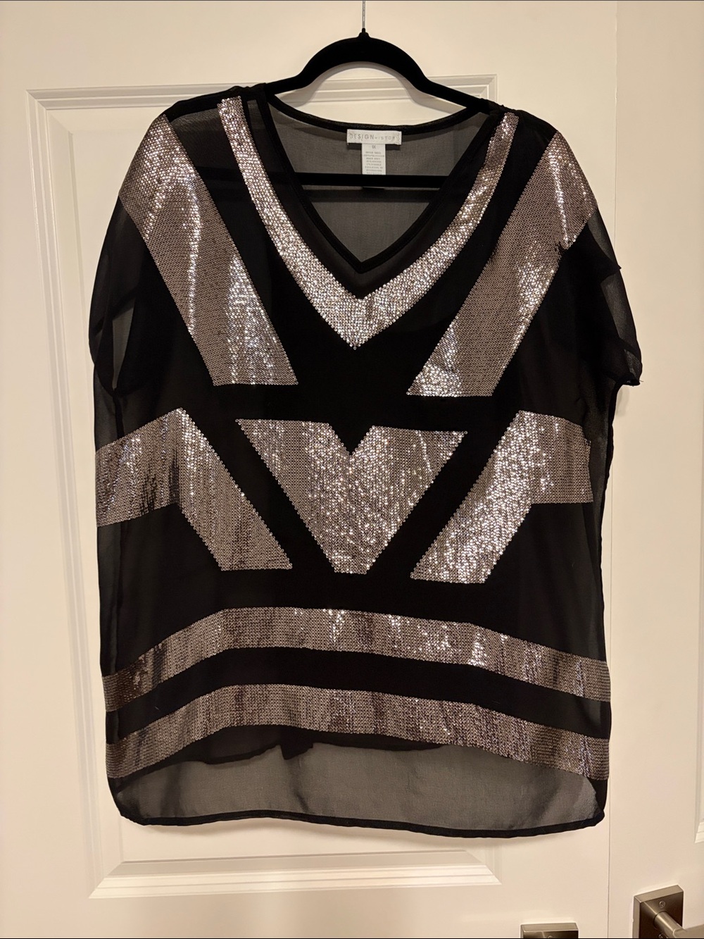 Design History Black Tunic with Silver Sequin Chevron Pattern